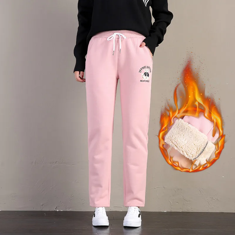 

Winter Sweatpants For Women Lamb Wool Fleeces Thickening Pants Embroidery Solid Warm Straight Casual Trousers Girls Velvet P9406