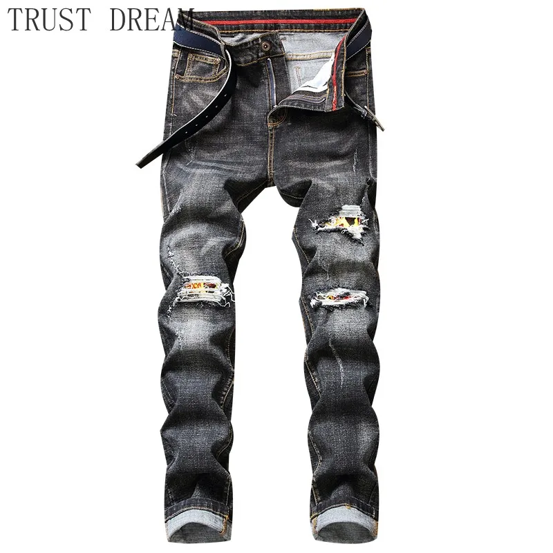 2020 европейские модные мужские рваные джинсы в стиле пэчворк с дырками и