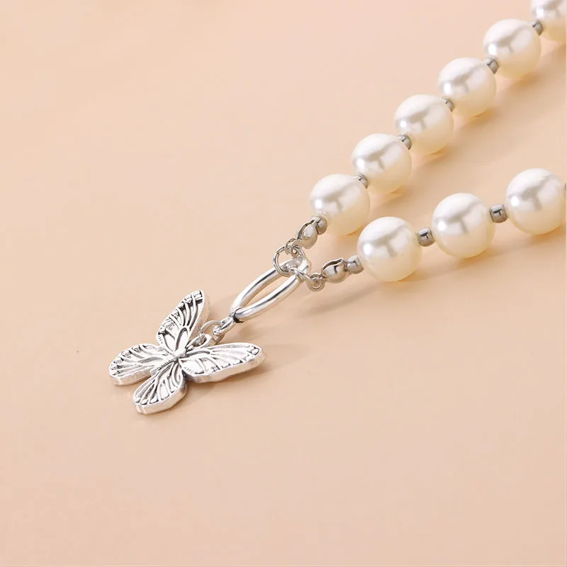 

Korean Cute Butterfly Choker Necklace For Women Beaded Chain Statement Pendant Fashion Female Collar Imitation pearl Jewelry