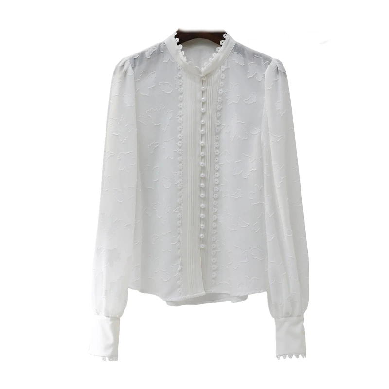 

Lantern Long Lace Sleeve Stand Neck Pearl Button White Blouse Women Shirt Female Fashion OL Tops New