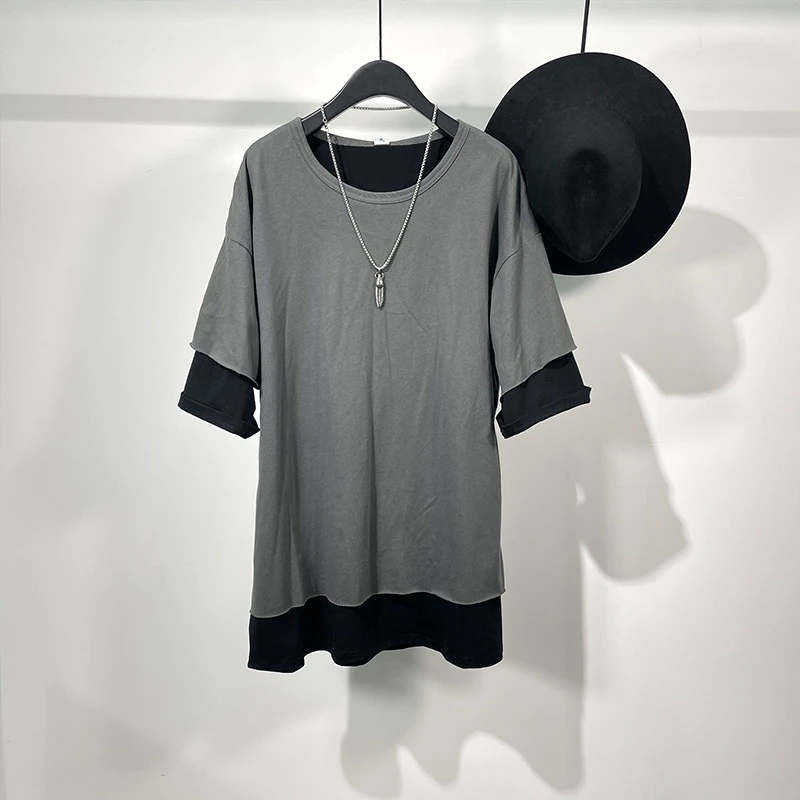 

Men's Short Sleeve T-Shirt Summer New Dark Round Collar Two-Color Splicing Design Simple False Two Loose Cargo T-Shirt