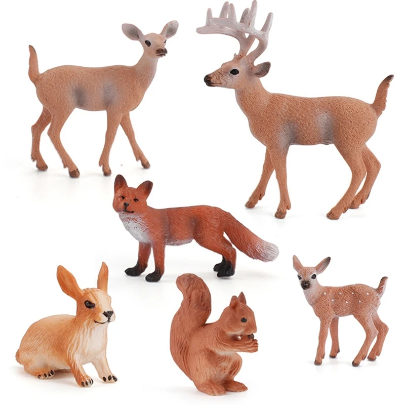 

6pcs Artificial Deer Family, Fox, Rabbit, Squirrel Animals Figures Woodland Creatures Figurines Miniature Toys Cake Toppers