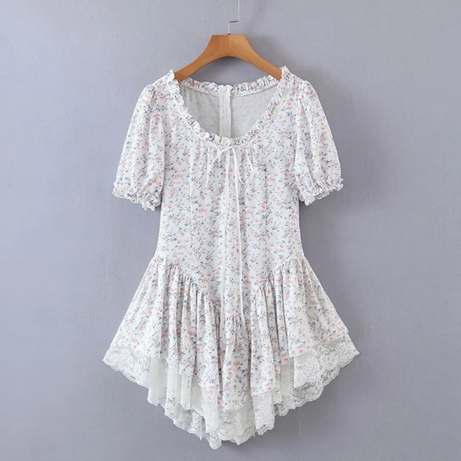 

Dave&Di Holiday Dress Summer Dress Women Vestidos 2022 Indie Folk Bohemian Floral Printing Lace Splicing Sexy Mini Dress