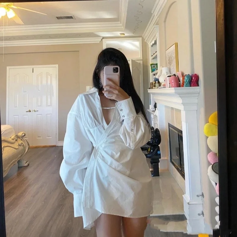 

Autumn 2022 New Sexy V-Neck Asymmetry Fashion White Shirt Dress Office Lady Korean Style High Street Solid Vintage Dress