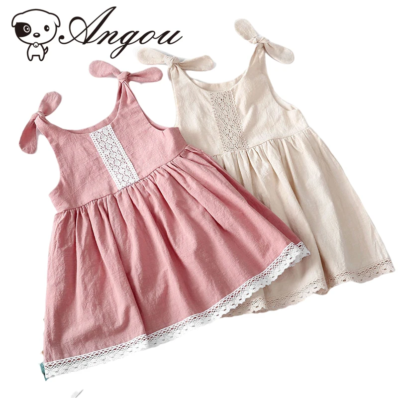 

Summer New Children's Solid Color Sleeveless Bandage Casual Cute Sweet Dresses Girls Cotton And Linen Lace Princess Dress