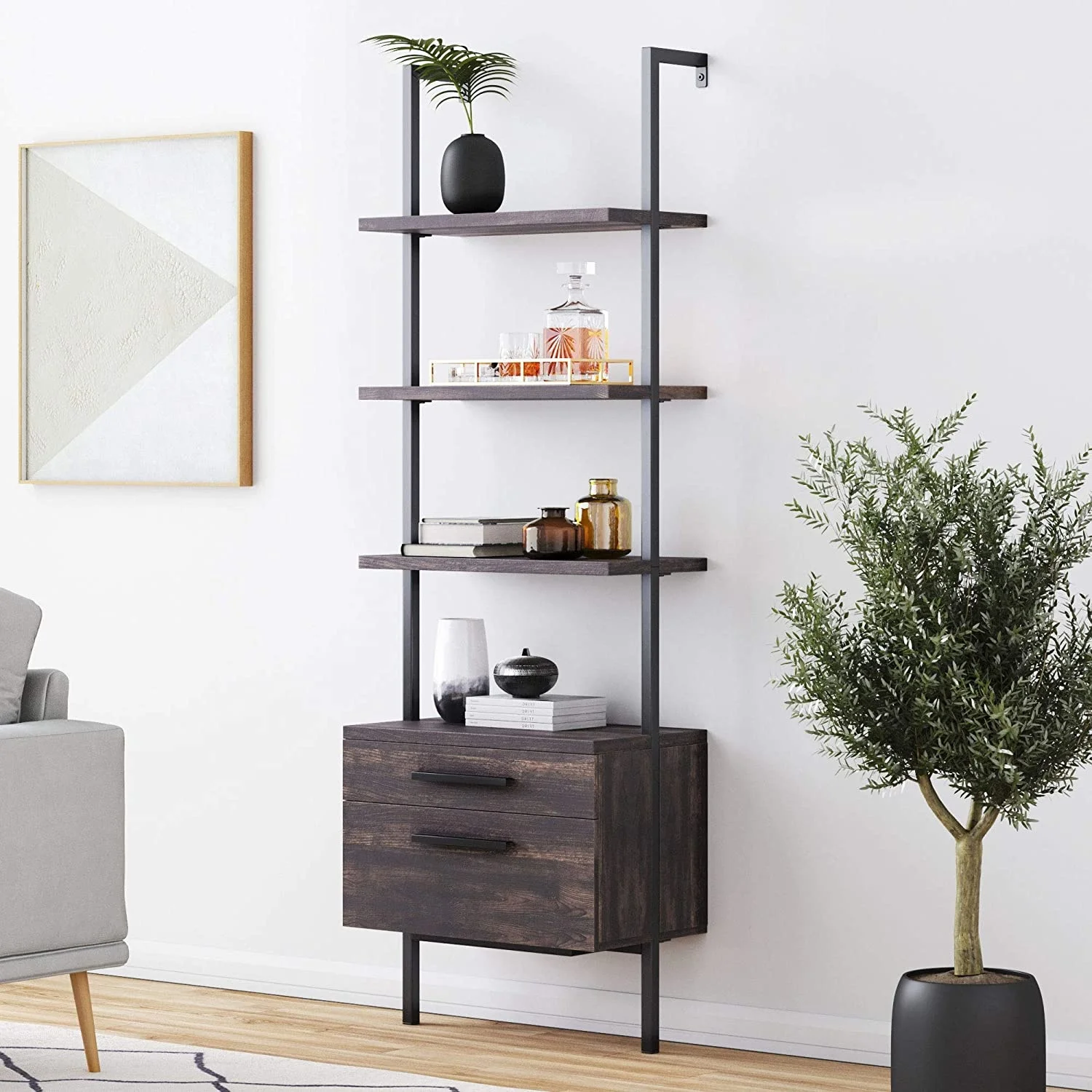 

Bookshelf Table/Storage with Wood Drawers and Matte Steel Frame Industrial Sturdy Construction Easy to Install