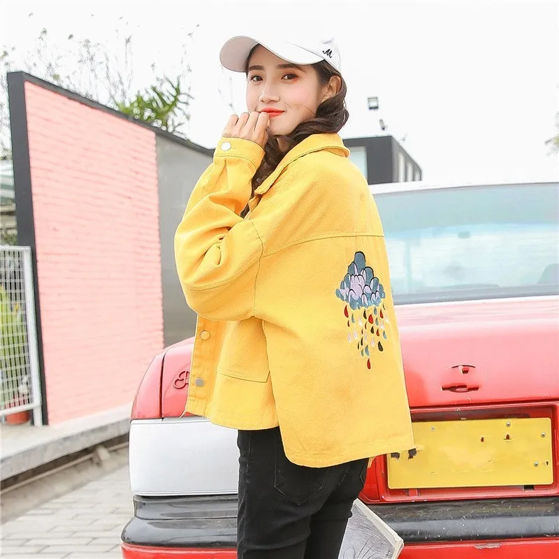 Женская джинсовая куртка Harajuka с вышивкой сзади широкой талией лацканами