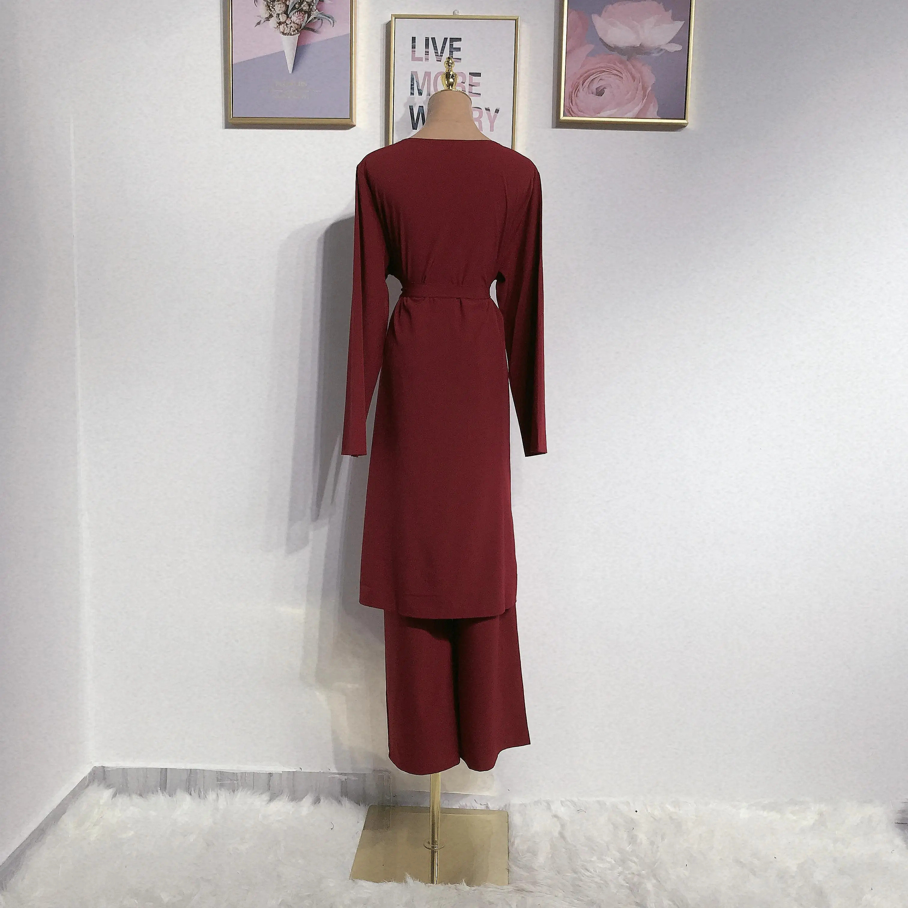 Абайя цзилбаб мусульманские Женские Длинные Топы с длинным рукавом и поясом