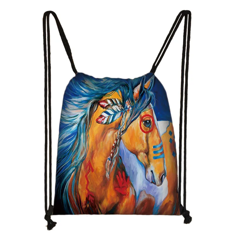 SKD-M0017 elegent animal horse print drawstring bag women men storage bag fashion rucksack cute pony boys girls backpack kids bookbag gift - Цвет: SKD-M0017