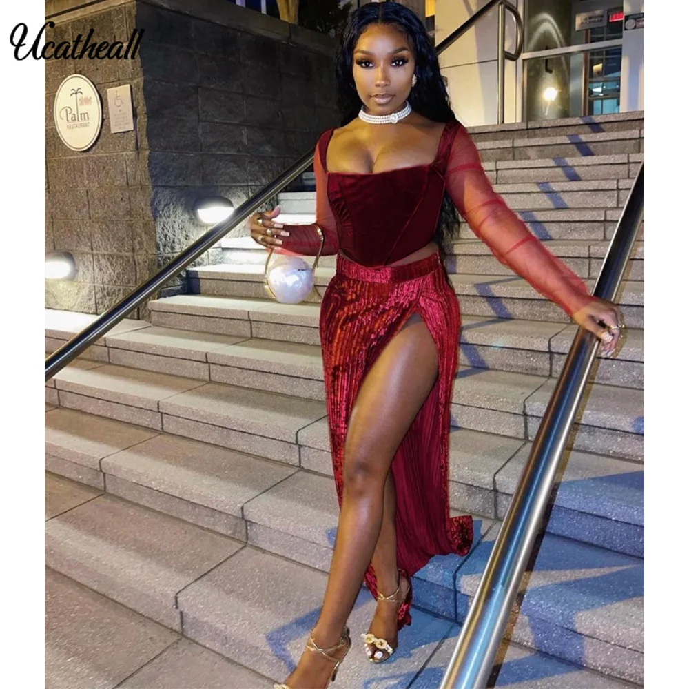 Autumn Sequre Neck Elegant Two Piece Set Women Matching Mesh Full Sleeve Crop Top &amp Slit Long Skirts Velvet Casual Slim Outfit |