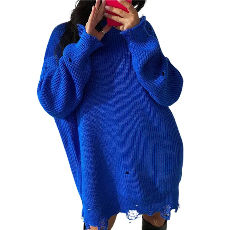 

Women Solid Color Casual Long Sweaters Coat Fall Winter Knitted Long Sleeve Round Neck Ripped Hole Loose Pullover Dress 2021