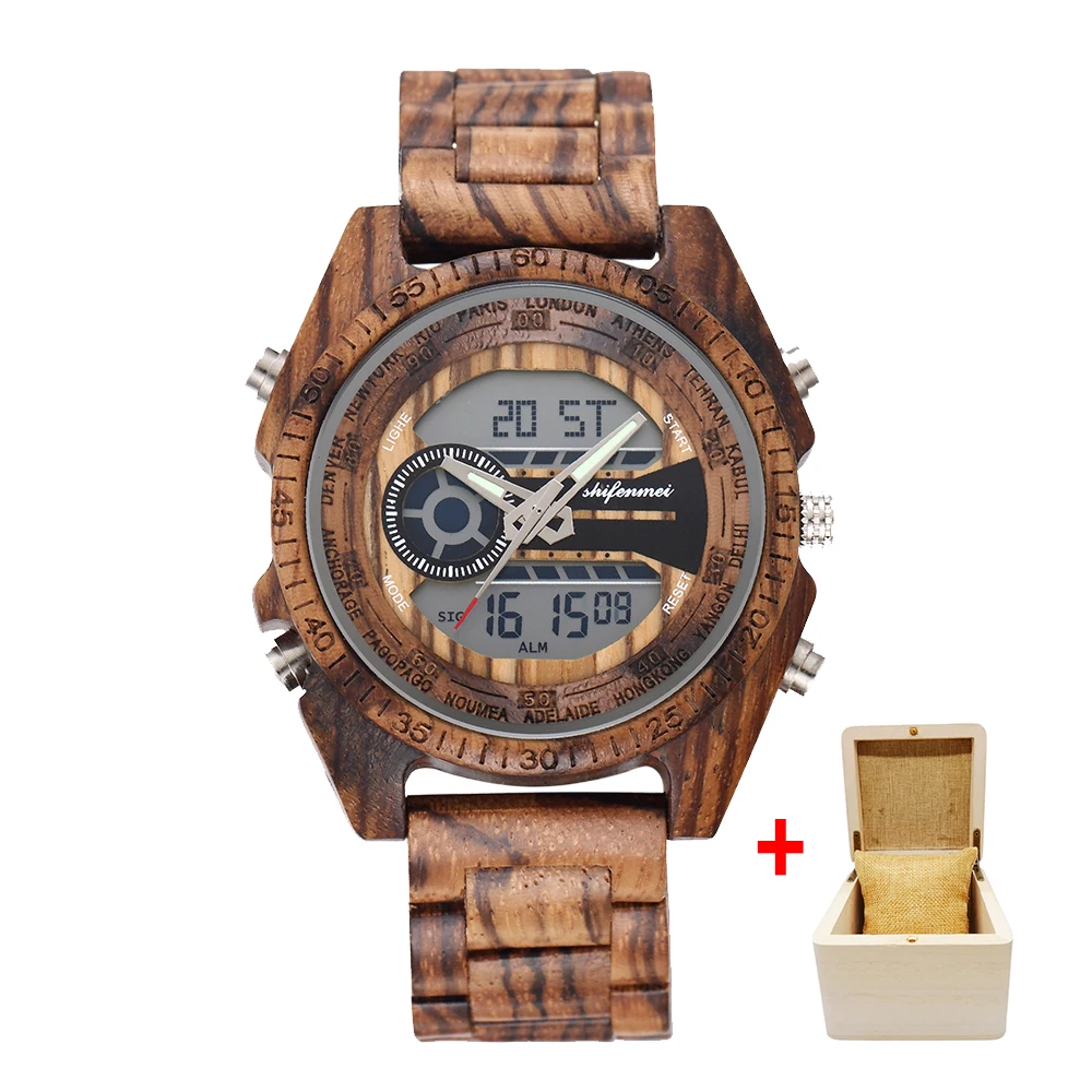 zebra with box Часы мужские модные часы деревянные часы цифровые аналоговые спортивные часы Цифровые мужские деревянные наручные часы Мужские часы - Цвет: zebra with box