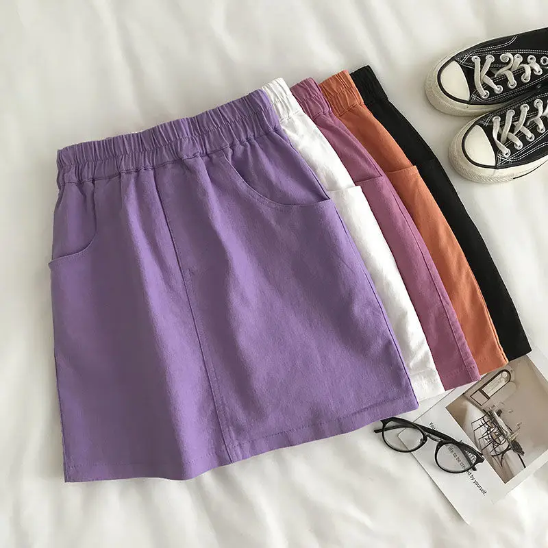 

Elastic Waist A Line Skirt Women Sweet Mini Short Skirts New Solid Color Pocket Female Korean Fashion Clothes Summer Black White