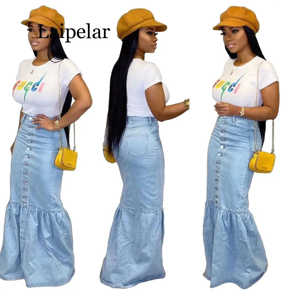 Женская длинная юбка голубая джинсовая облегающая на пуговицах с высокой талией