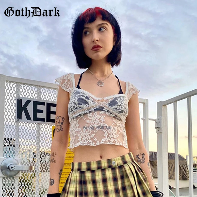 Goth Dark хит кружевной Y2k Egirl 2021 летний Модный укороченный топ сексуальный