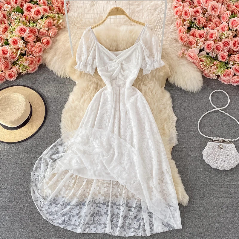 

YIZZHOY New Summer Elegant A Line V Neck Pullover Puff Sleeve Chiffon Dresses Women Sweet Solid Slim Lady Short Dress