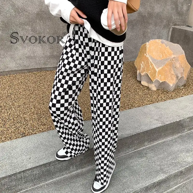 

SVOKOR Women Wide-Leg Pants Black White Casual Loose Trousers Plaid Straight Leg Wide-Leg Pants Ink and Wash Pleated Pants