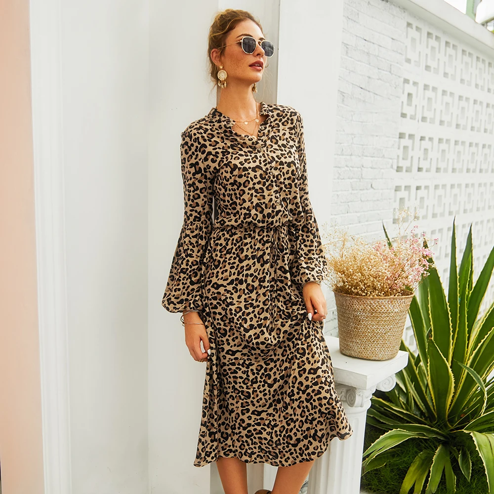 

2021 New Hot Sale Female Leopard Print Long Sleeve Mid-Length Dress Spring And Autumn Fashion Casual Design Elegant Belt Dress