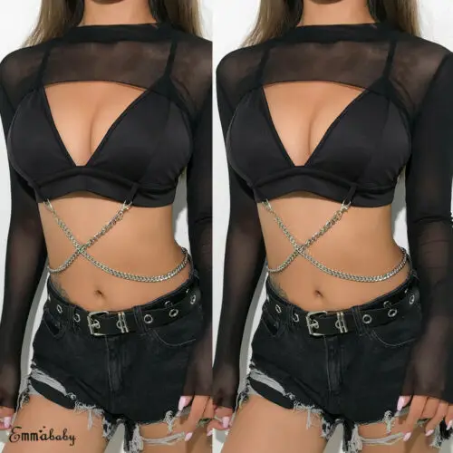 

Women Mesh Sheer Short T Shirt Crop Top Long Sleeve Tee Shirt Sexy Transparent Slim T Shirt Tops