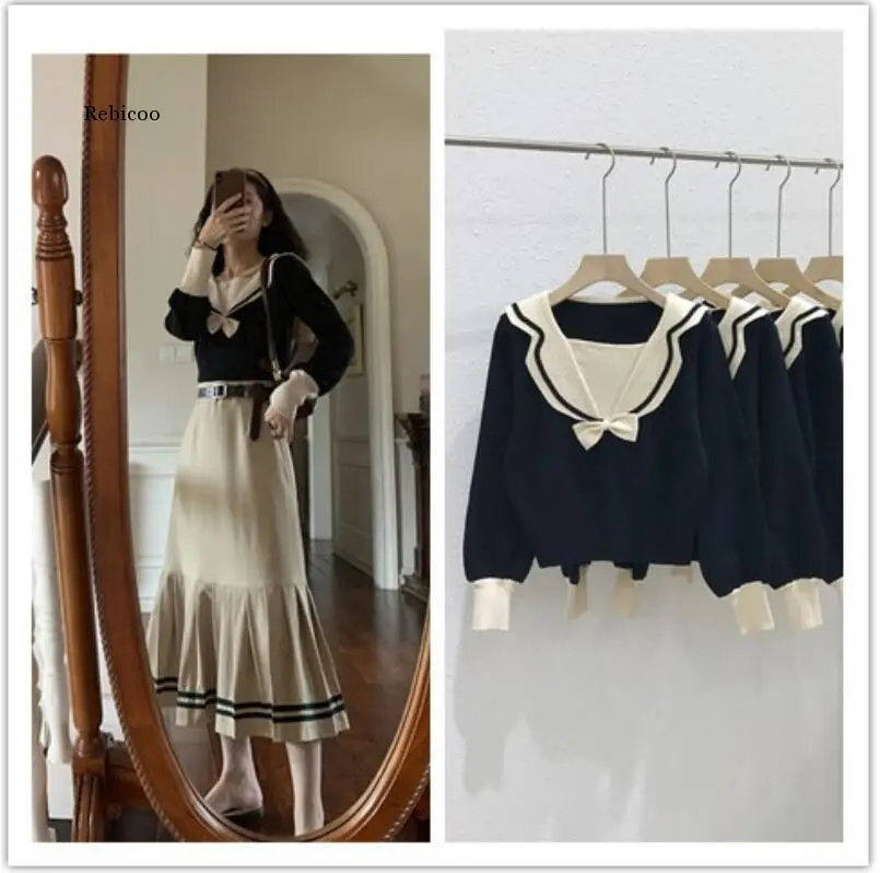 

Vintage Sailor Collar Knitted Sweater Women Autumn Elegant Casual Long Sleeve Preppy style Knitting Jumpers Ladies Sweater Tops