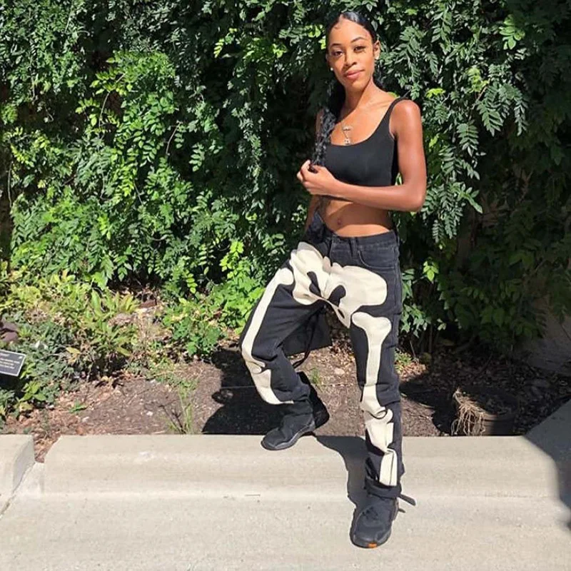 

CIBBAR Skull Print Vintage Slim Denim Pants Women Street Style Mid Waist Hipster Hip-hop Zipper Jean Trousers Streetwear 2021