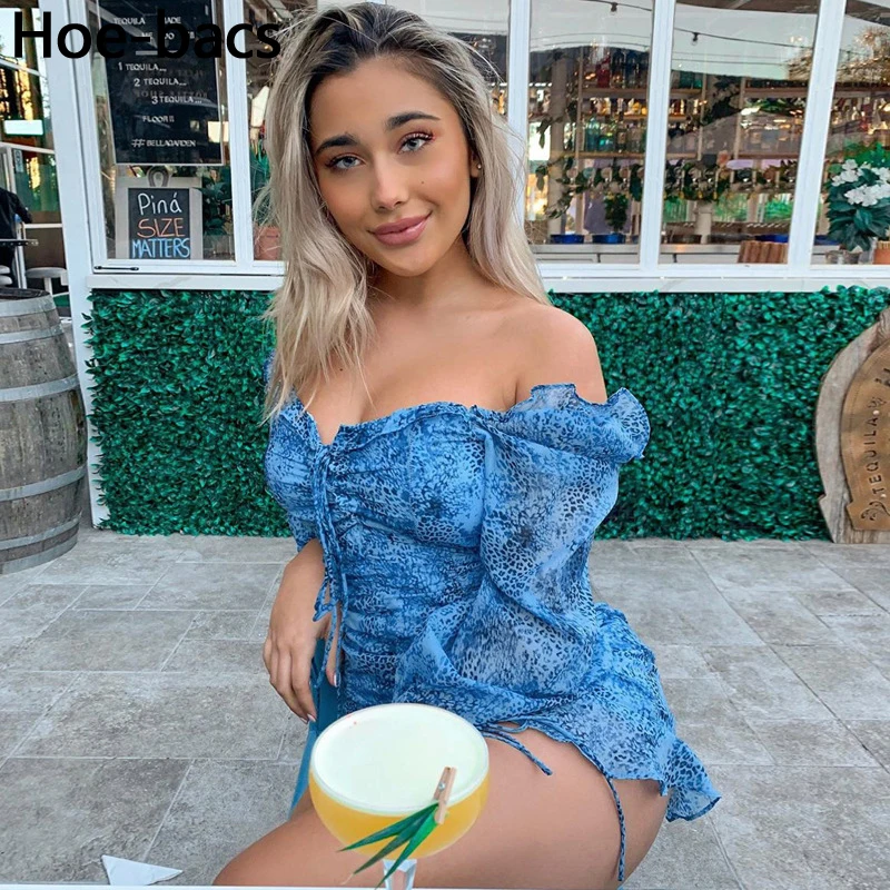 

Off Shoulder Leopard Print Bodycon Dress Woman Casual Lace Up Shirring Long Sleeve Mini Dresses Summer 2021 Ladies Vestidos
