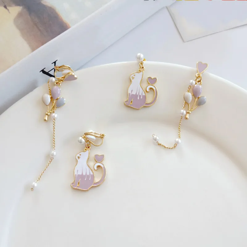 

Japan Eardrop South Korea Dangl Pink Asymmetric Balloon Cat Earrings Trendy Long Chain Pearl Female Ear Clip Jewelry Accessories