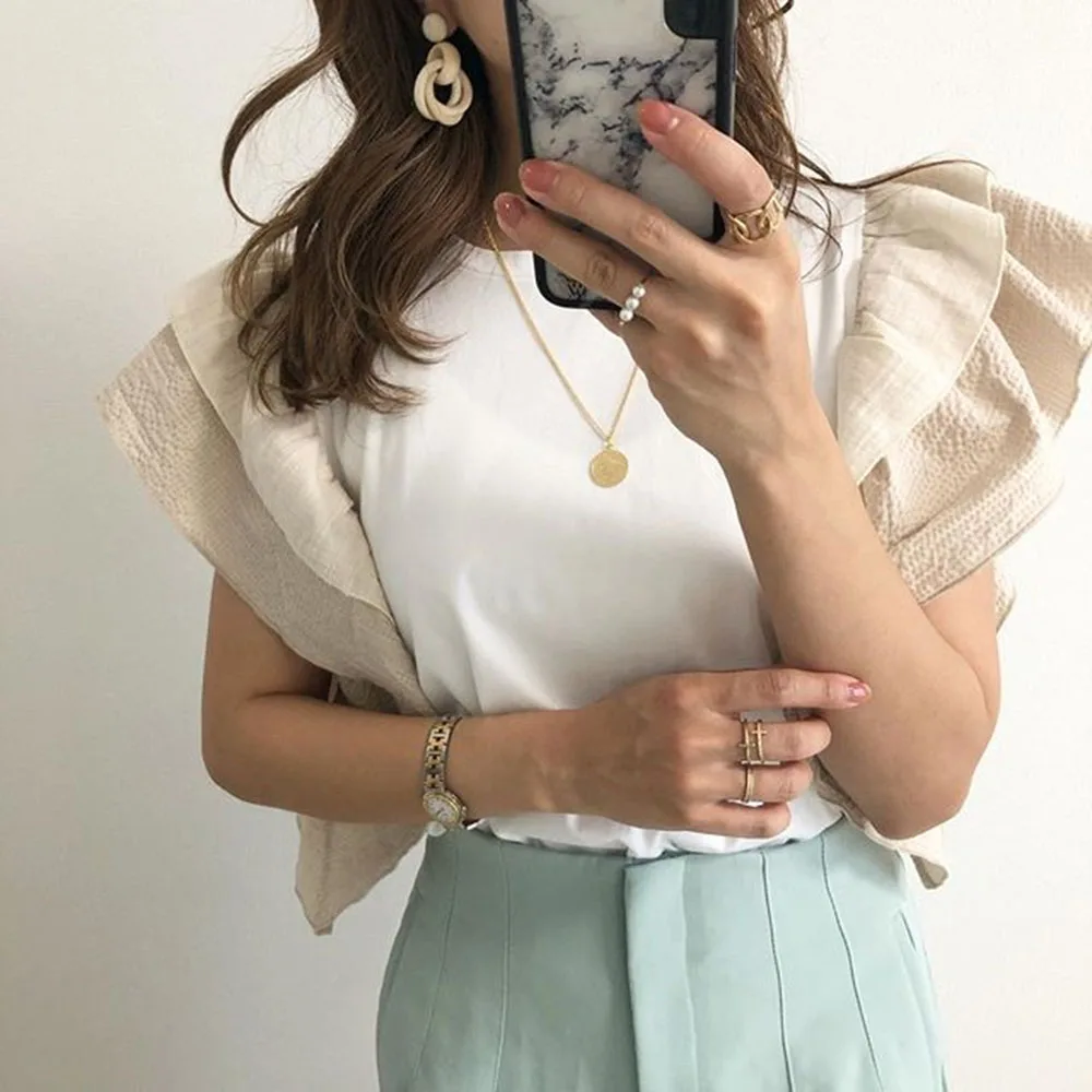 Женская футболка с короткими рукавами Повседневная составного кроя оборками