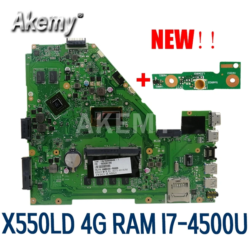 

Akmey X550LD Laptop motherboard For Asus X550LD A550L Y581L W518L X550LN Test original mainboard I7-4500U 4GB-RAM GT820M