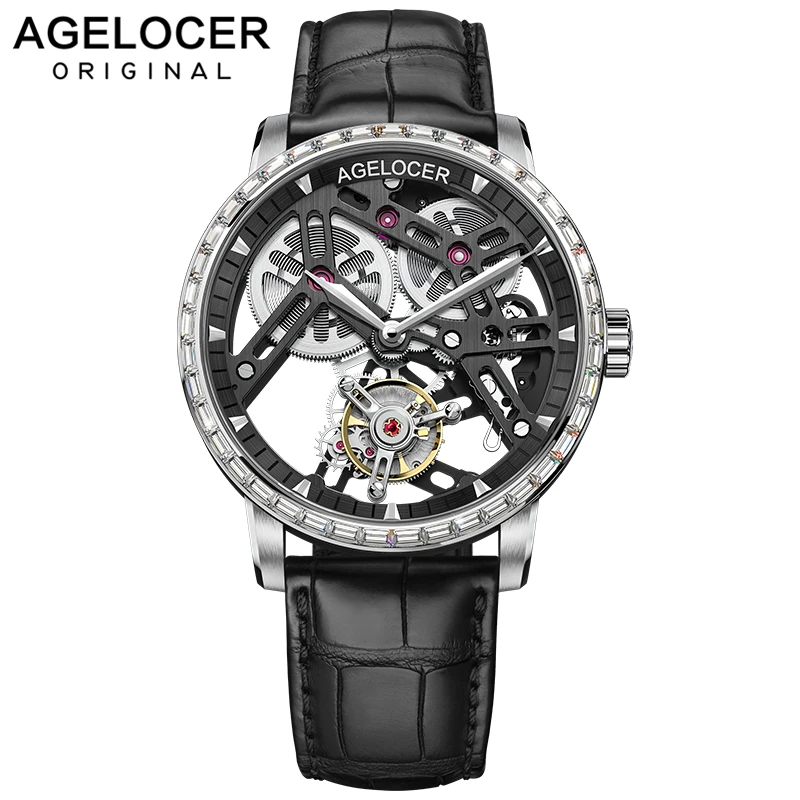 

AGELOCER Business Watches Men Skeleton Mechanical Clock Tourbillon Waterproof Rhinestone Mechanical Watch Mens Relogio Masculino