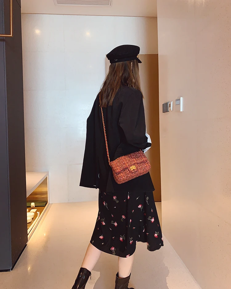 Женские сумочки чехол через плечо сумка через плечо лоскут шерстяная ткань Вязание Золотая нить черная сумочка
