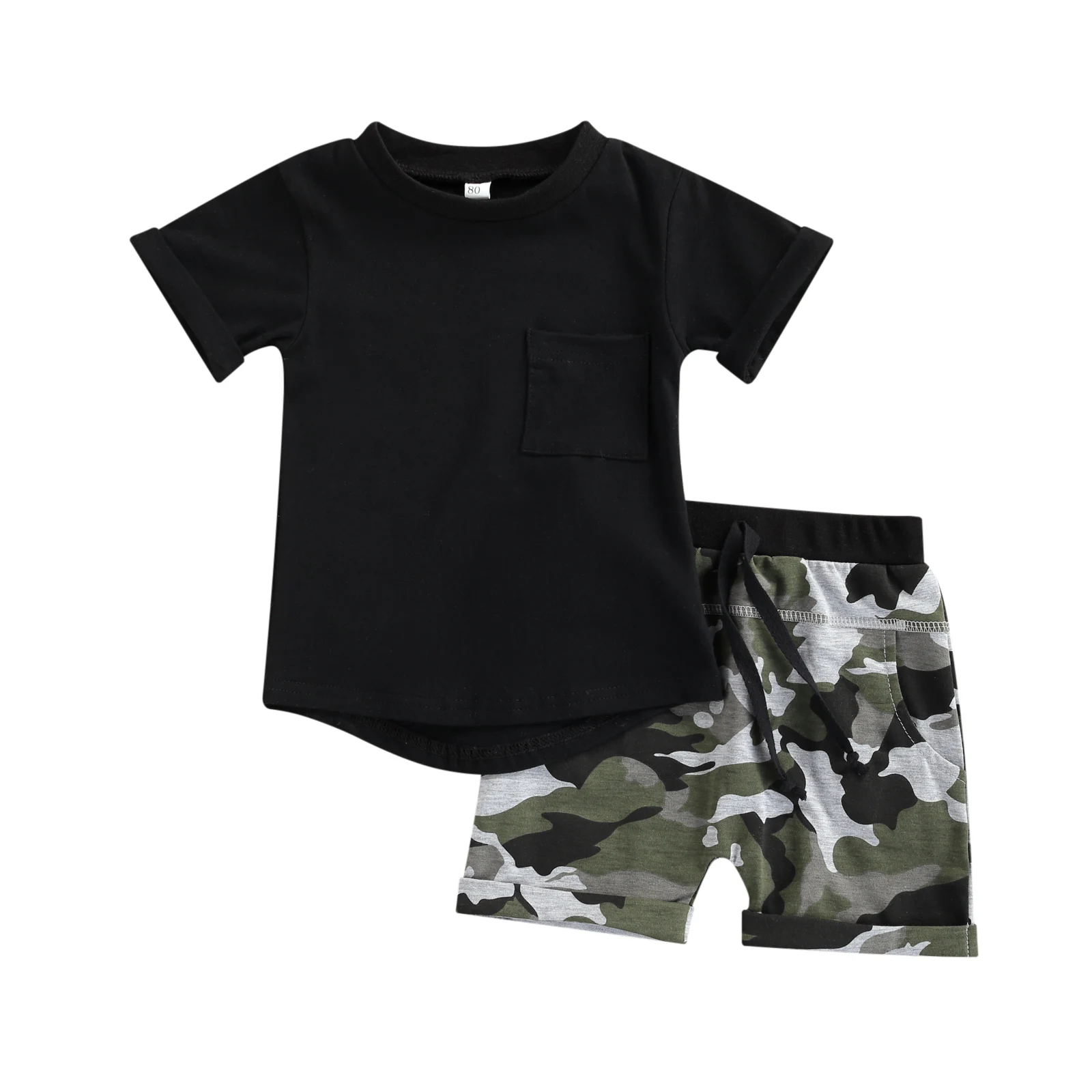 

2Pcs Creative Little Boys Outfit, Toddlers Round Collar Short Sleeve Pocket Top + Camouflage Printing/Solid Color Shorts Set