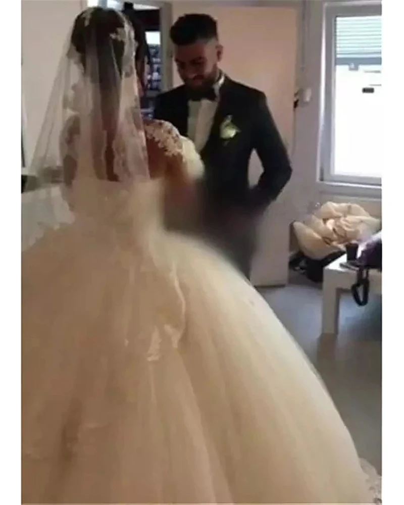 

Illusive Lace Appliqued Ball Gown Wedding Dress Sheer Long Sleeve Bridal Gown