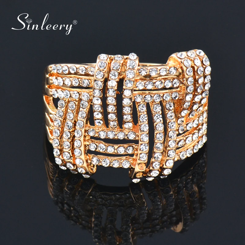 

SINLEERY Big Hollow Weave Shaped Micro Pave Crystal Rings for Women Yellow Gold Color Statement Jewelry Anillo Anel JZ054 SSC