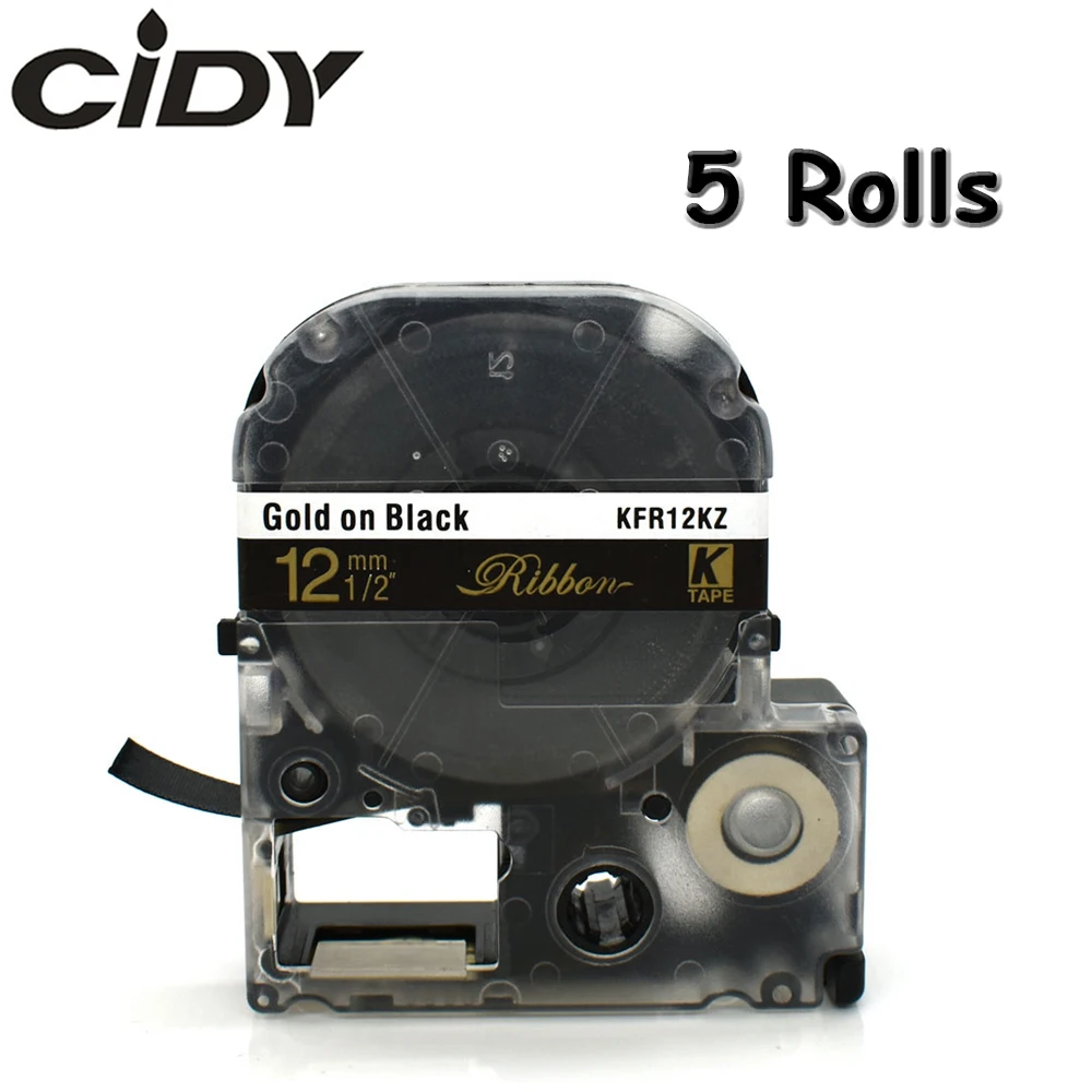 CIDY 5pcs Satin Ribbon 12mm*5m Gold on Black label tape SFR12KZ Christmas Wedding Decorative Gift Wrapping Belt for LW300 LW400 |