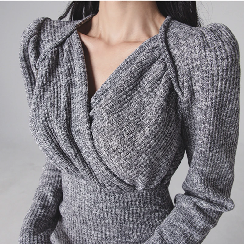 

Fashion Slim V-Neck Long Sleeve Sweater Mini Dress Women's Casual Knitted Bottoming Dress 2021 Spring New