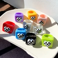 new checkerboard love heart black and white grid square colorful resin acrylic rings huanzhi 2021 for women girls jewelry