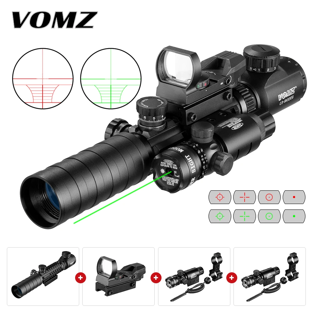3-9X32EGC Tactical Optic Red Green Illuminated Riflescope Holographic Reflex 4 Reticle Dot Combo Hunting Rifle Scope