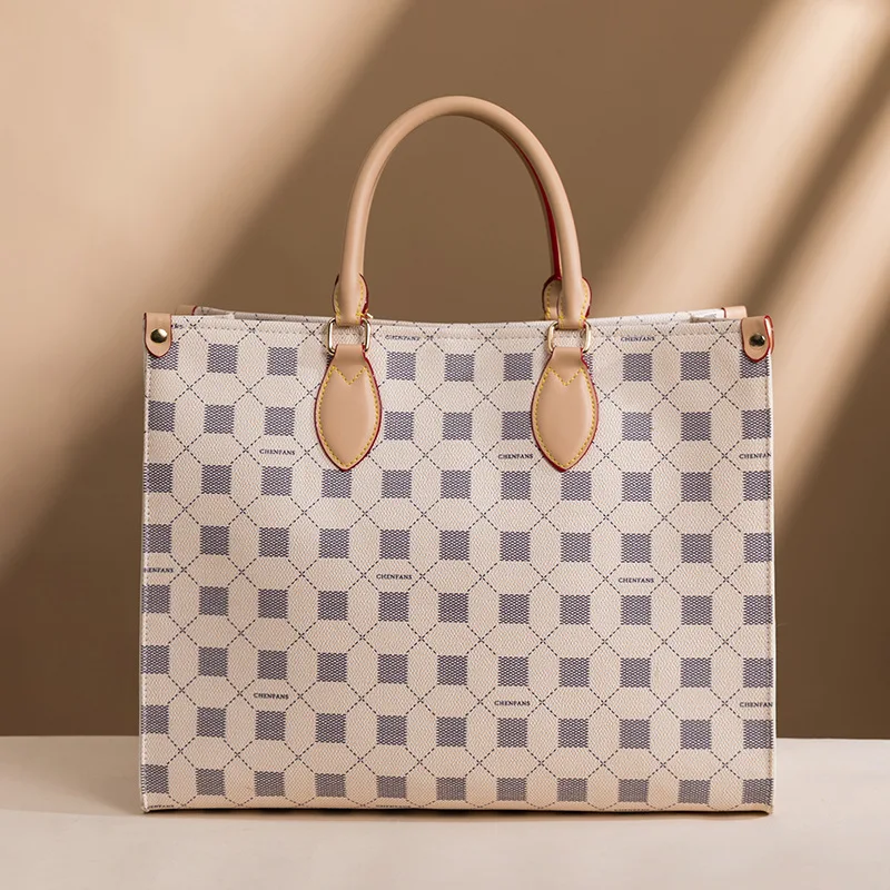 

35cm Large Capacity Tote Bag , 2021 New White Checkered Handbag , Pu Shopper , Brand Design Shoulder Bag