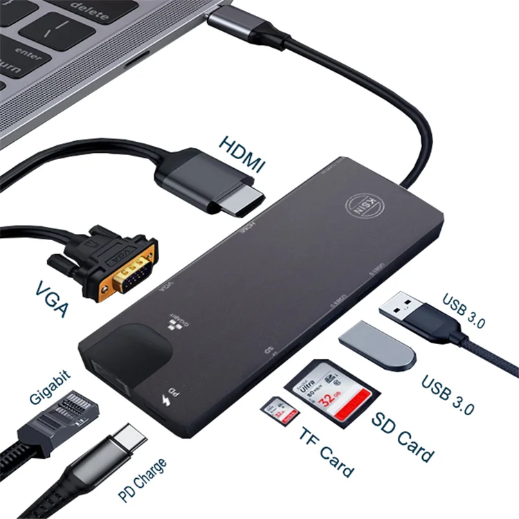 

8 in 1 3.1 USB C type C hubs to RJ45 Gigabit Ethernet PD charging+HDMI+VGA+ 2*USB 3.0+SD/TF card reader USB Tipo C Hub