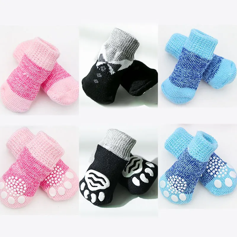 

4Pcs Winter Anti-Slip Pet Dog Socks Small Cat Dogs Knit Warm Socks Thick Paw Protector Dog Socks Booties Accessories