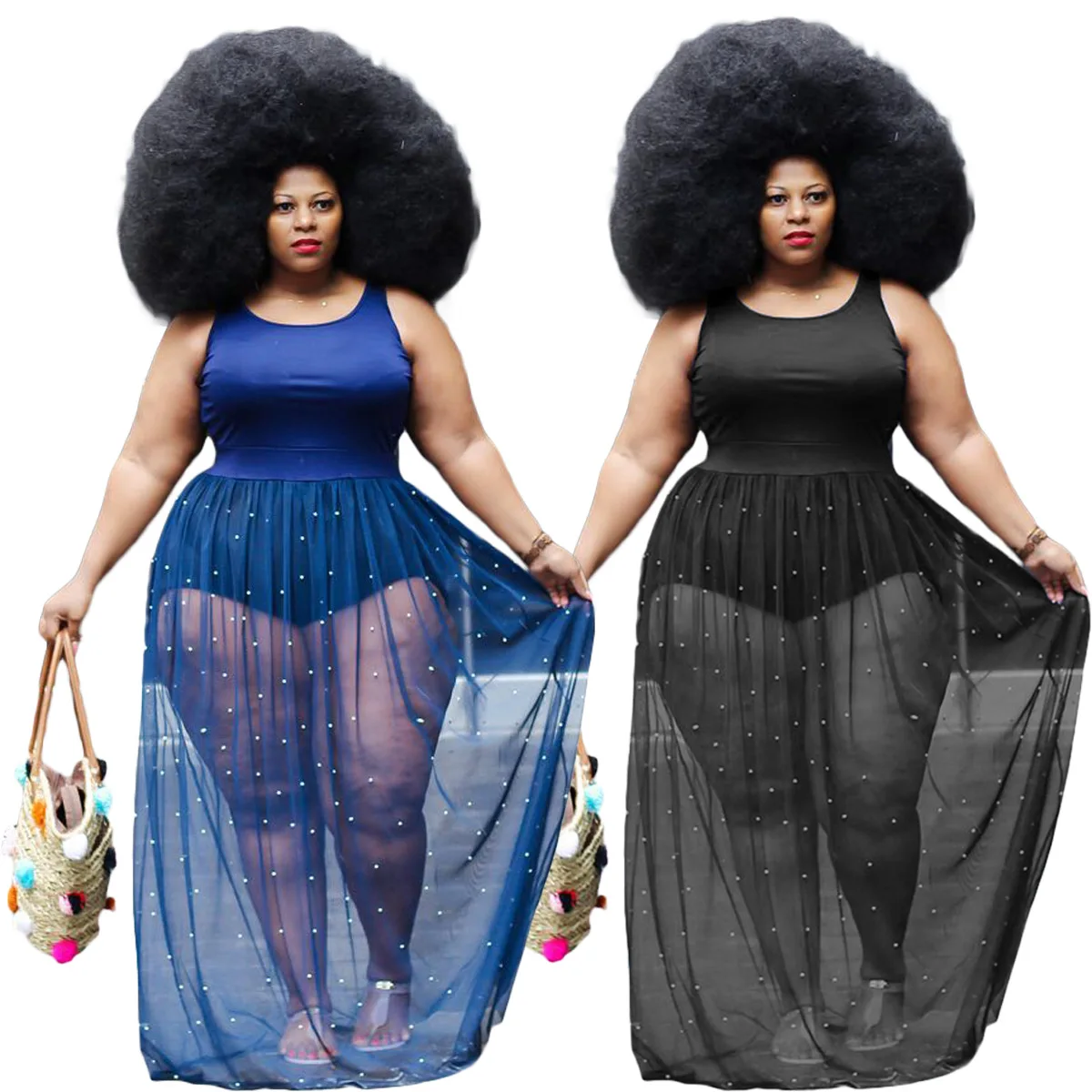 

Женская одежда большого размера, индивидуальное модное Прозрачное платье с сетчатыми бусинами, сексуальное свободное Элегантное платье бе...