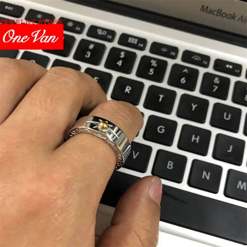 

2020 hot selling thick Titanium Steel ring trend national style hand inlaid gold bead sun totem lovers' ring jewelry