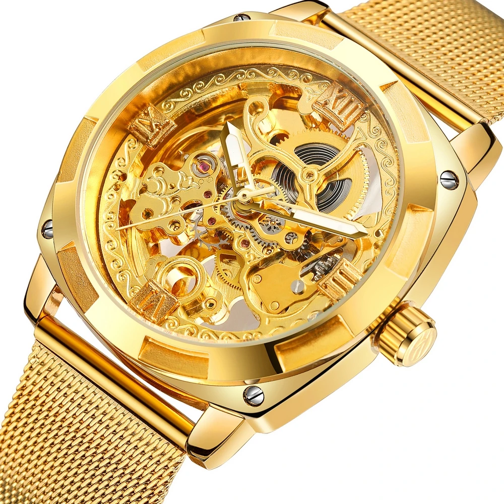 

FORSINING Casual Wristwatches Steampunk Men's Carving Skeleton Auto Mechanical Watches Mesh Band Gift Box Free Ship