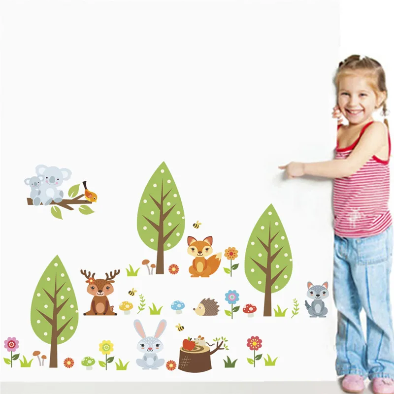 

Милые настенные наклейки с лесными животными и деревьями для детской комнаты, спальни, украшение, кролик, белка, сафари, роспись, искусство «...