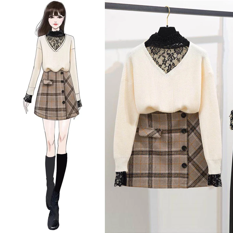 Autumn Winter Women 2 Piece Runway Set Striped Knitted Tops Long Sleeve Sweater + Buttons Mini Woolen Skirt | Женская одежда