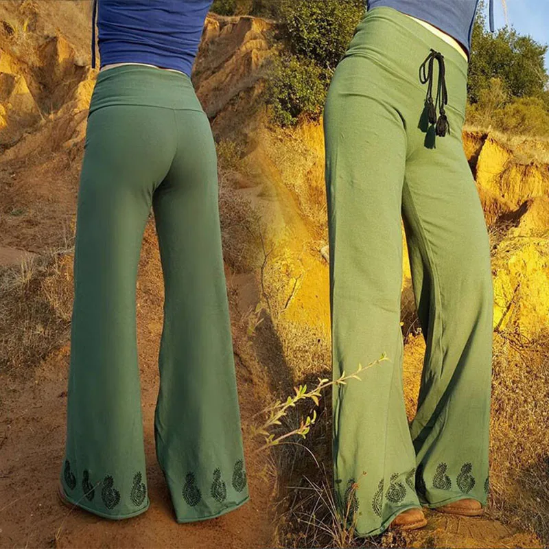 

Women Summer High Waist Vintage Print Solid Color Trousers Casual Comfortable Stretch Wide Leg Pants Boot Cut Fahion Loose Size