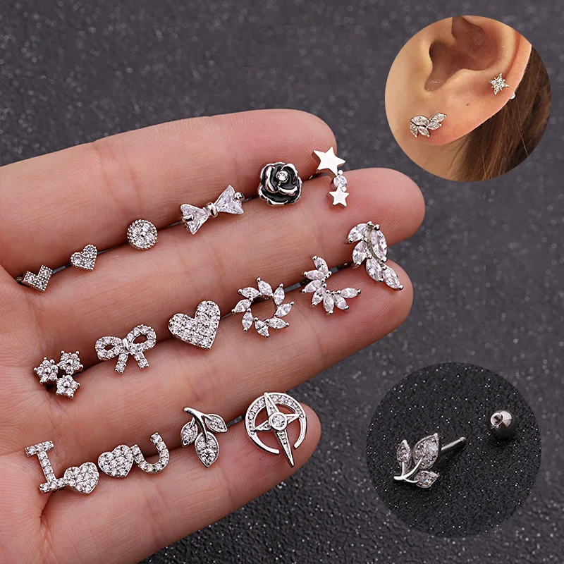 

1PC Heart Stainless Steel Barbell with Cz Cartilage Helix Earring Ear Piercing Jewelry Rook Conch Tragus Screw Back Stud