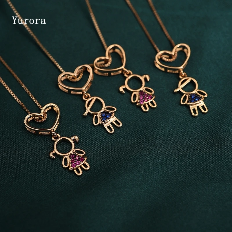 

Charm Love Son Daughter Necklace Multicolor Cubic Zirconia Family Girl Boy Heart Pendant Necklace Rose Gold Chain Mother Gifts