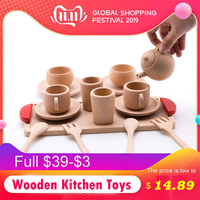 Baby Toy Cutting Fruit Vegetables Wooden Kitchen Toys Pretend Play Mini Solid Beech Tea Coffee Cup Set Early Education Food Toys